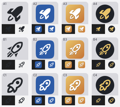 A grid of three rocket icons in four styles, labeled A1 to C4