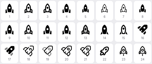 A numbered sheet of 24 rocket icons